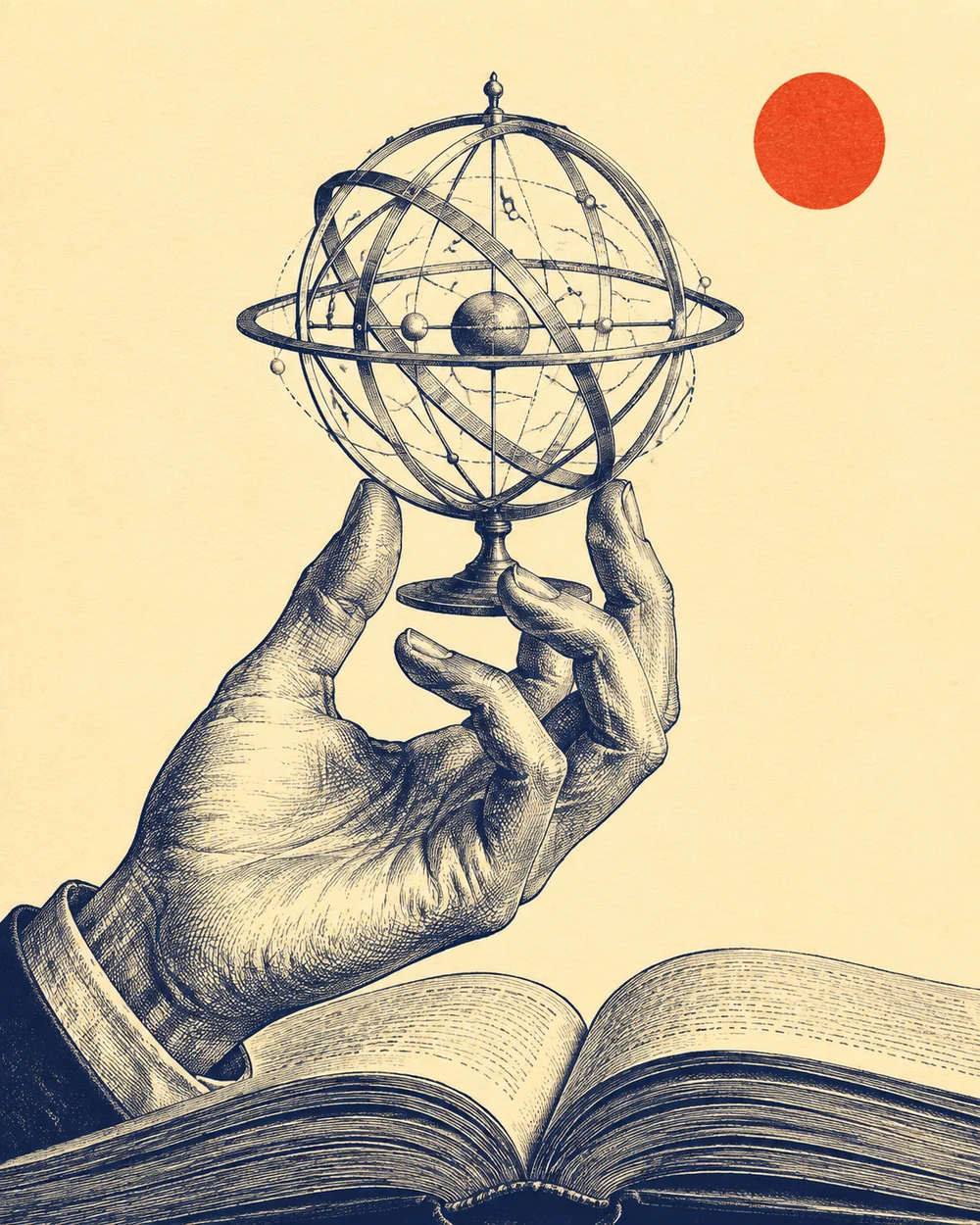 An engraved hand holds an armillary sphere over an open book beneath a vermilion sun.